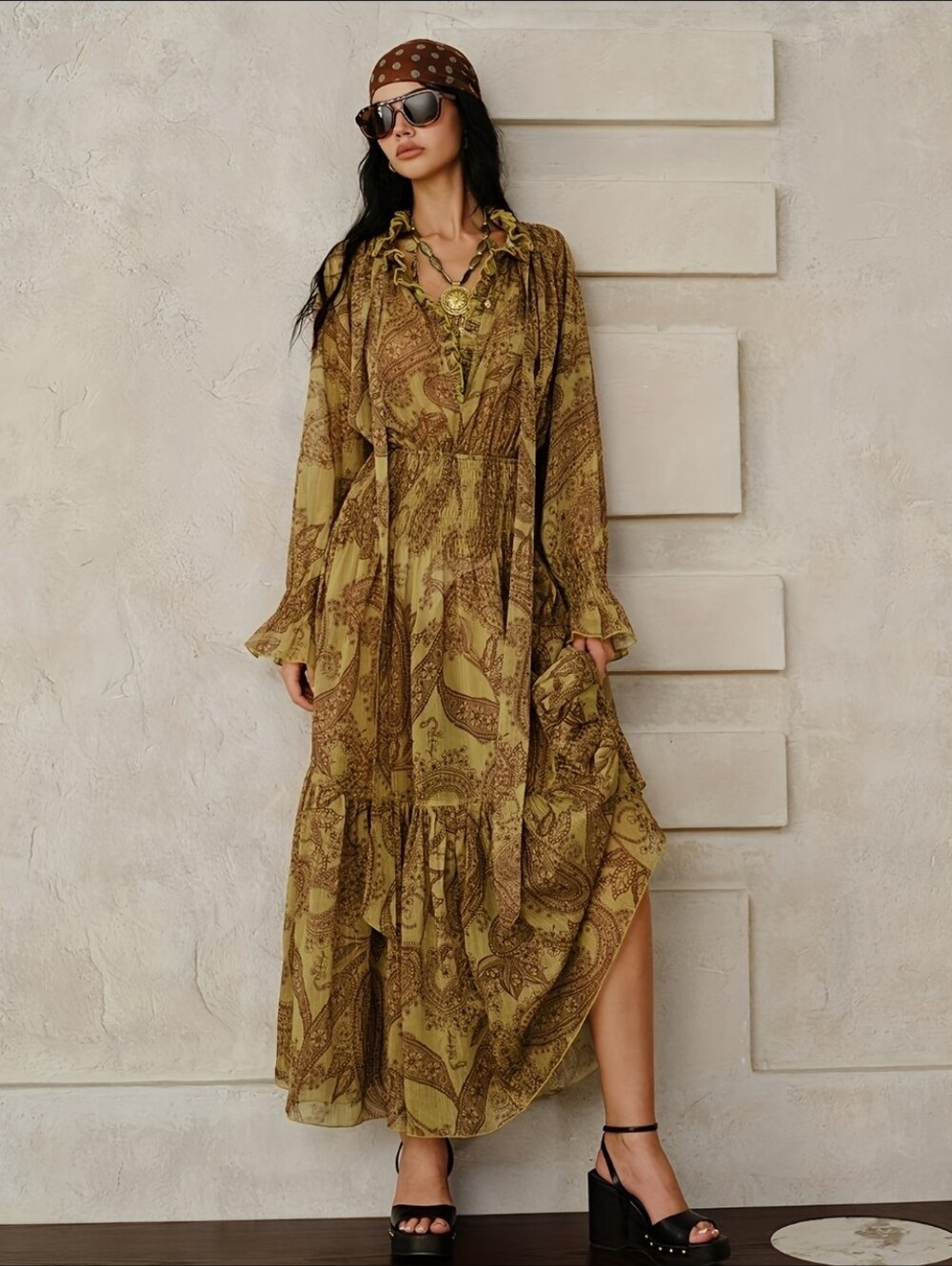 Commense Paisley Tie-Neck Maxi Dress in Mustard and Burgundy